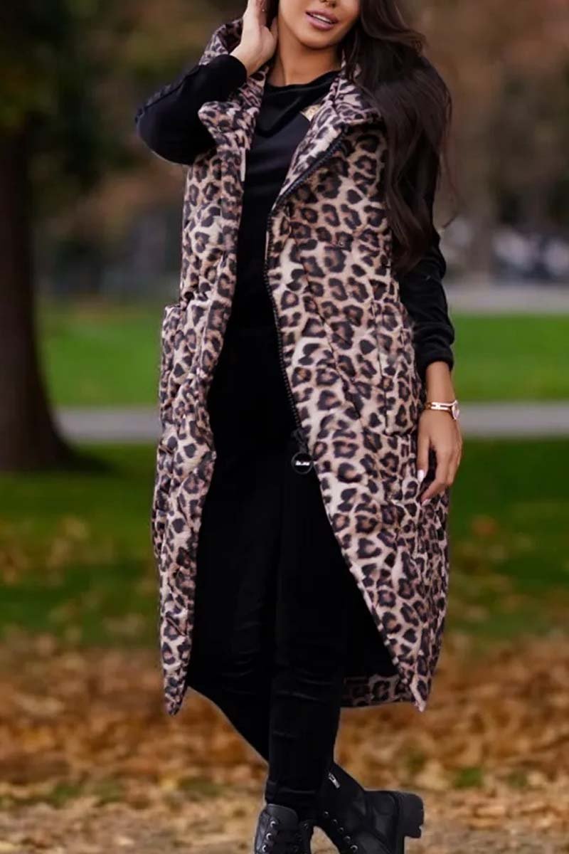 Women's Fashion Hooded Animal Print Mid-Length Sleeveless Cotton Coat Light Leopard Print