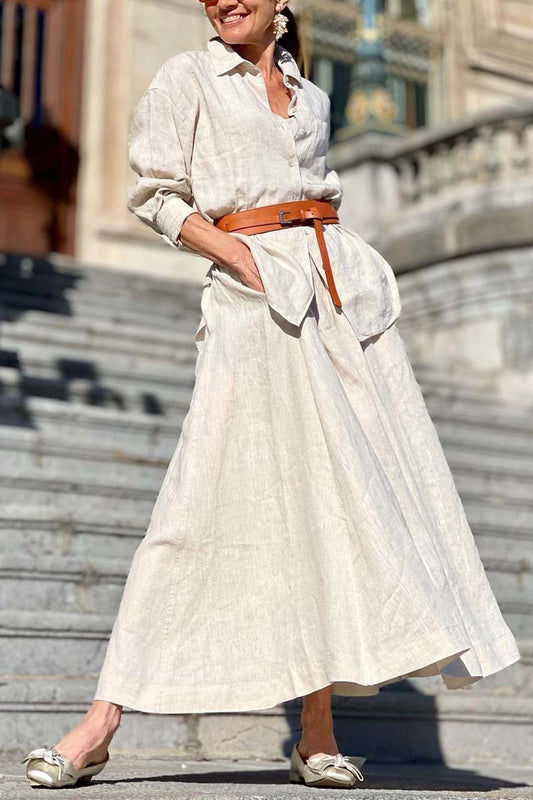 Casual solid color shirt cotton and linen skirt suit Apricot