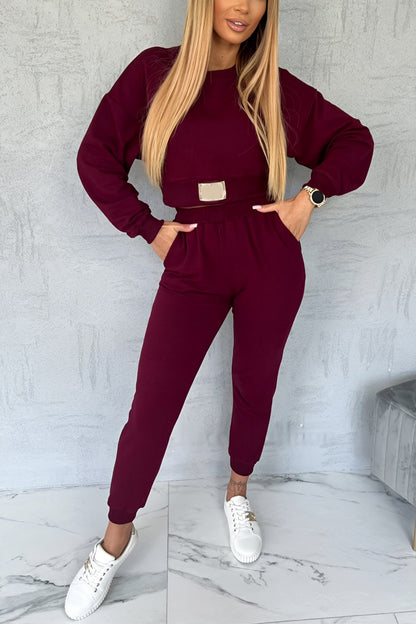 Women's Casual Round Neck Long Sleeve Two Piece Suit Wine red