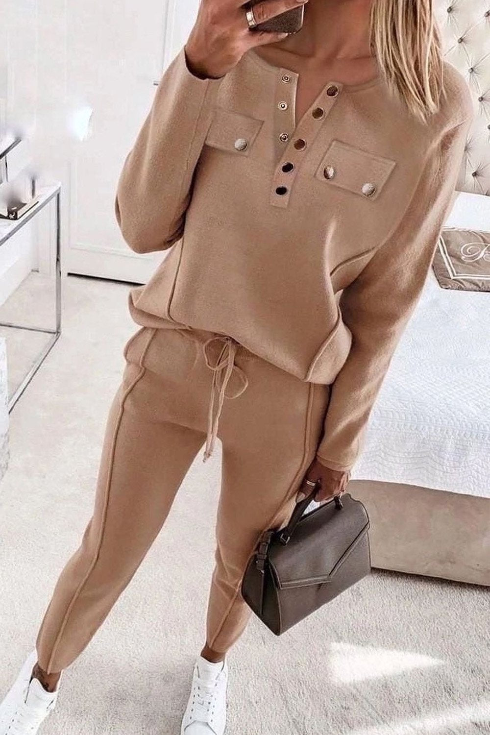 Women's Solid Color Button-down Collar Top and Pants Two-piece Set Khaki