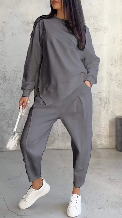 Casual Round Neck Long Sleeve Two Piece Suit grey