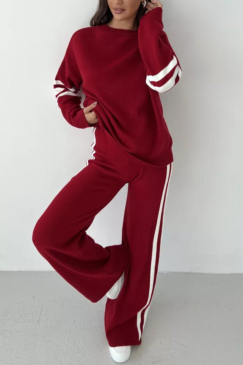 Women's Casual Stripe Knit Two-Piece Set red