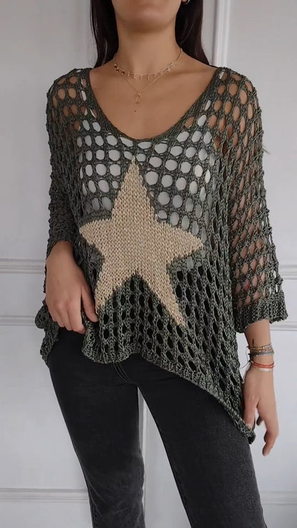 Women's V-neck Sleeve Knitted Star Print Blouse 2-piece Set green