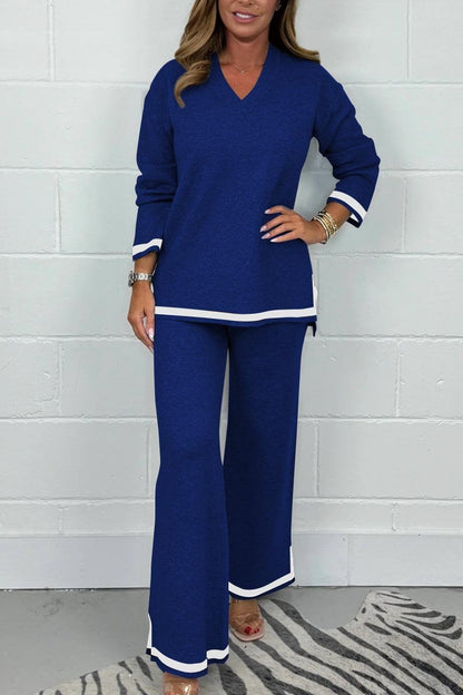 Women's V-Neck Soft Knit Border Edge Trouser Co-Ord Navy blue