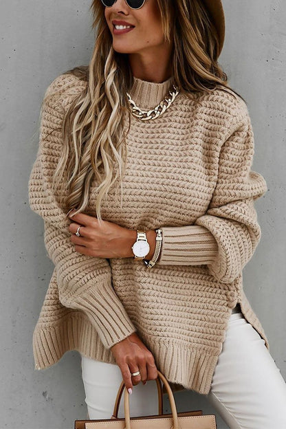 Women's Half-high Collar Solid Color Side-slit Knitted Sweater khaki