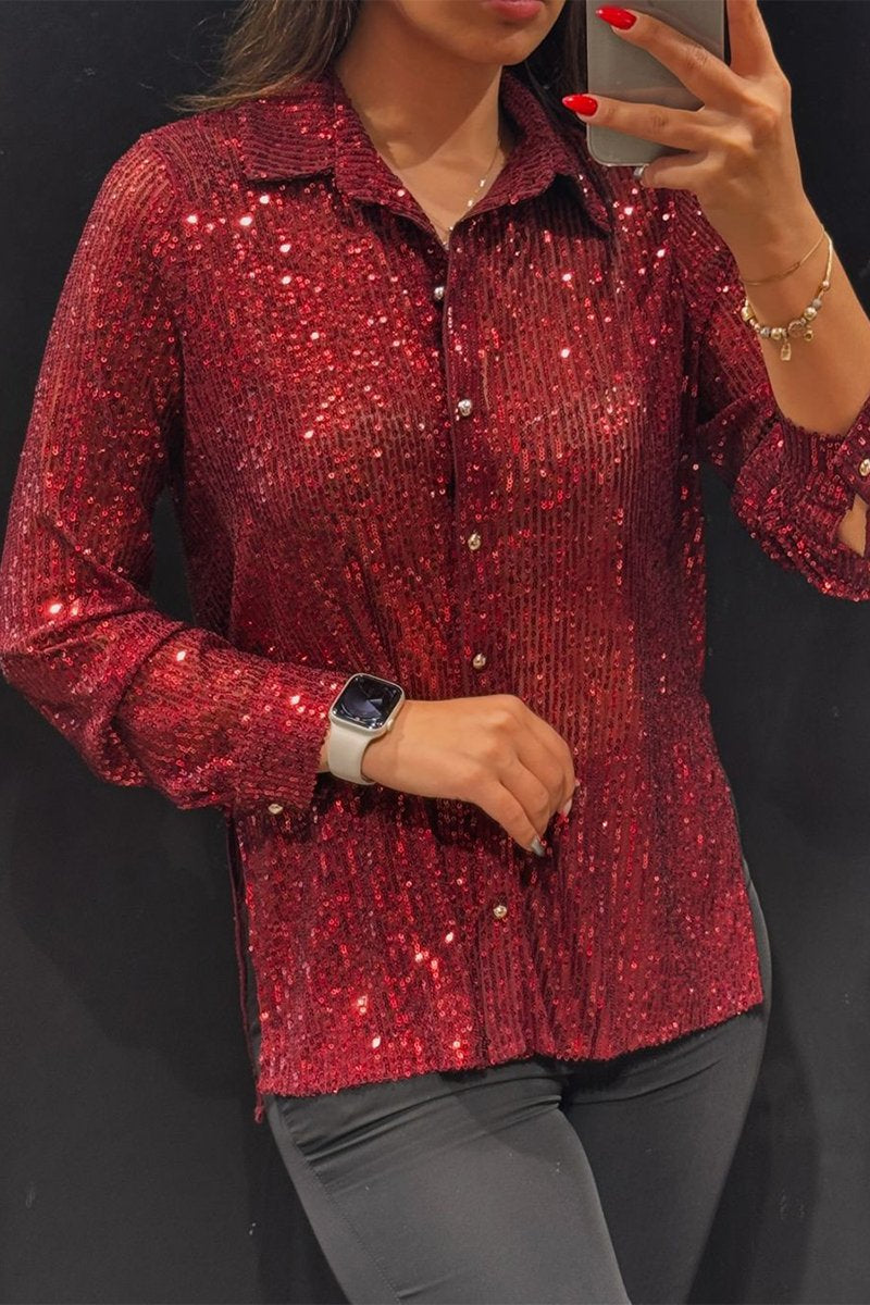 Women's Lapel Single-breasted Sequined Shirt red