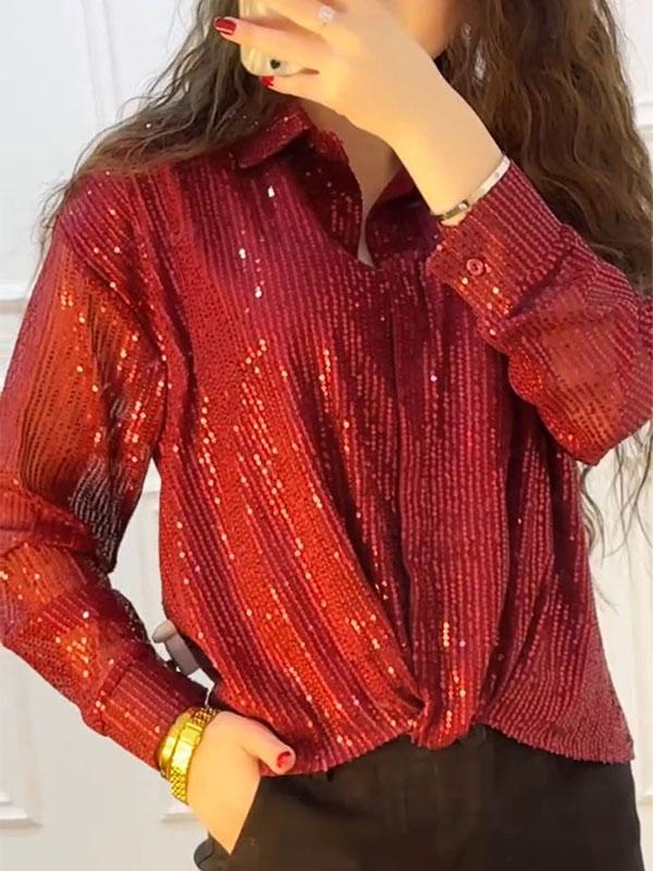 Women's Solid Color Sequined Shirt red