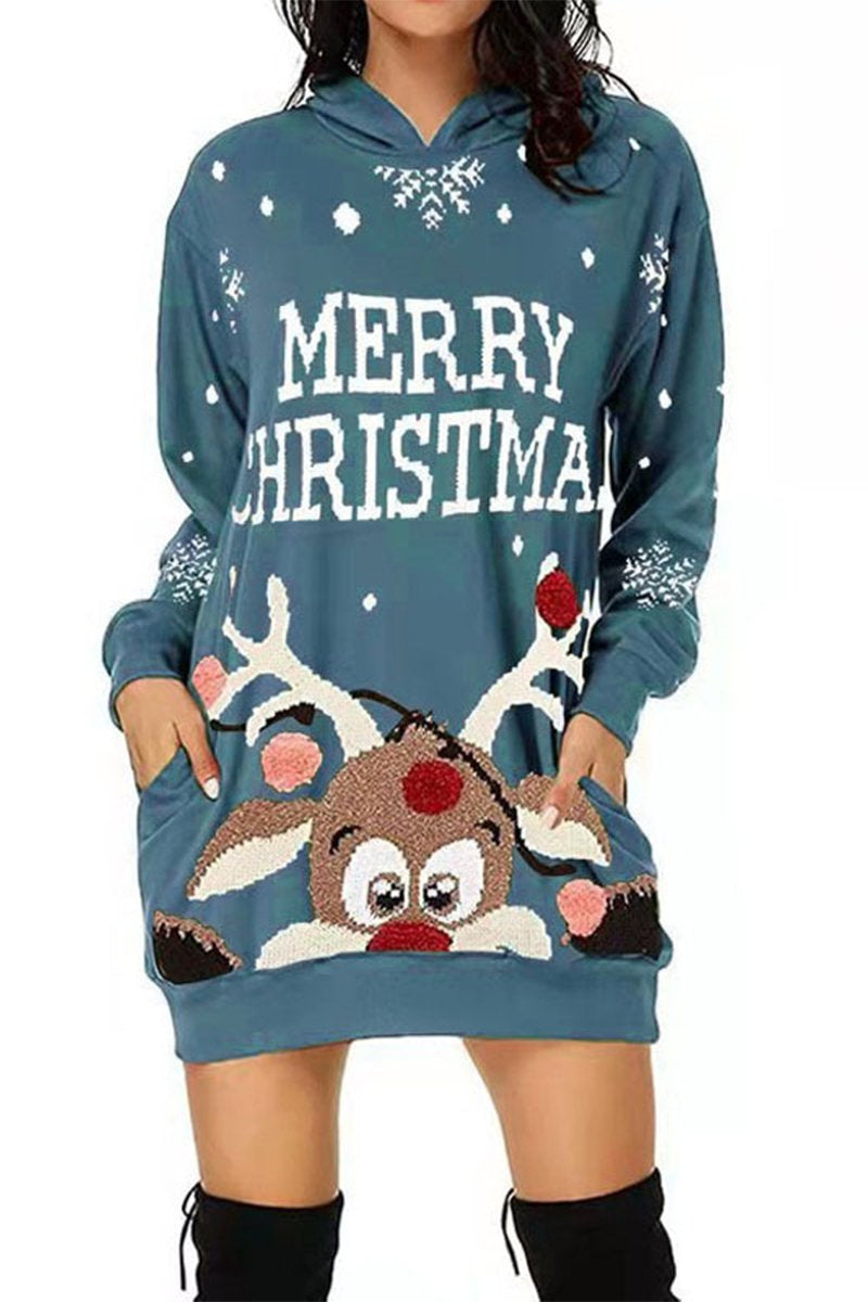 Women's Casual Christmas Printed Long Sleeve Hooded Dress blue