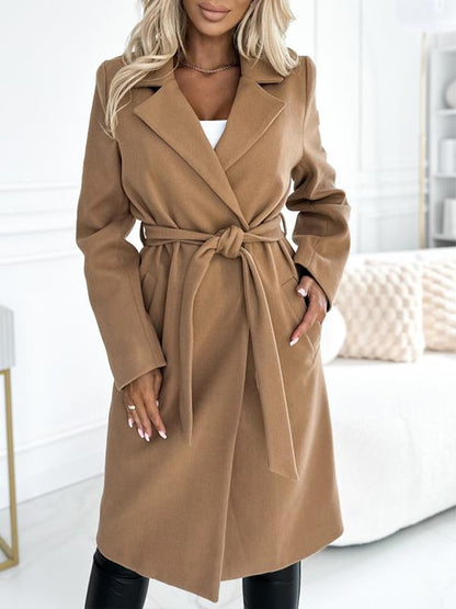 Women's Lapel Long Sleeve Casual Woolen Long Coat brown