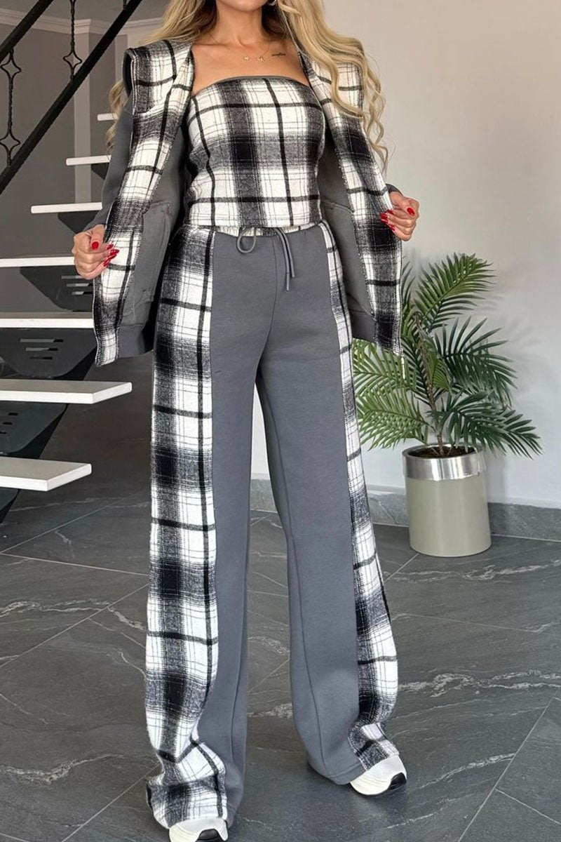 Cardigan, Tube Top and Pants Plaid Splicing Casual Three-piece Set