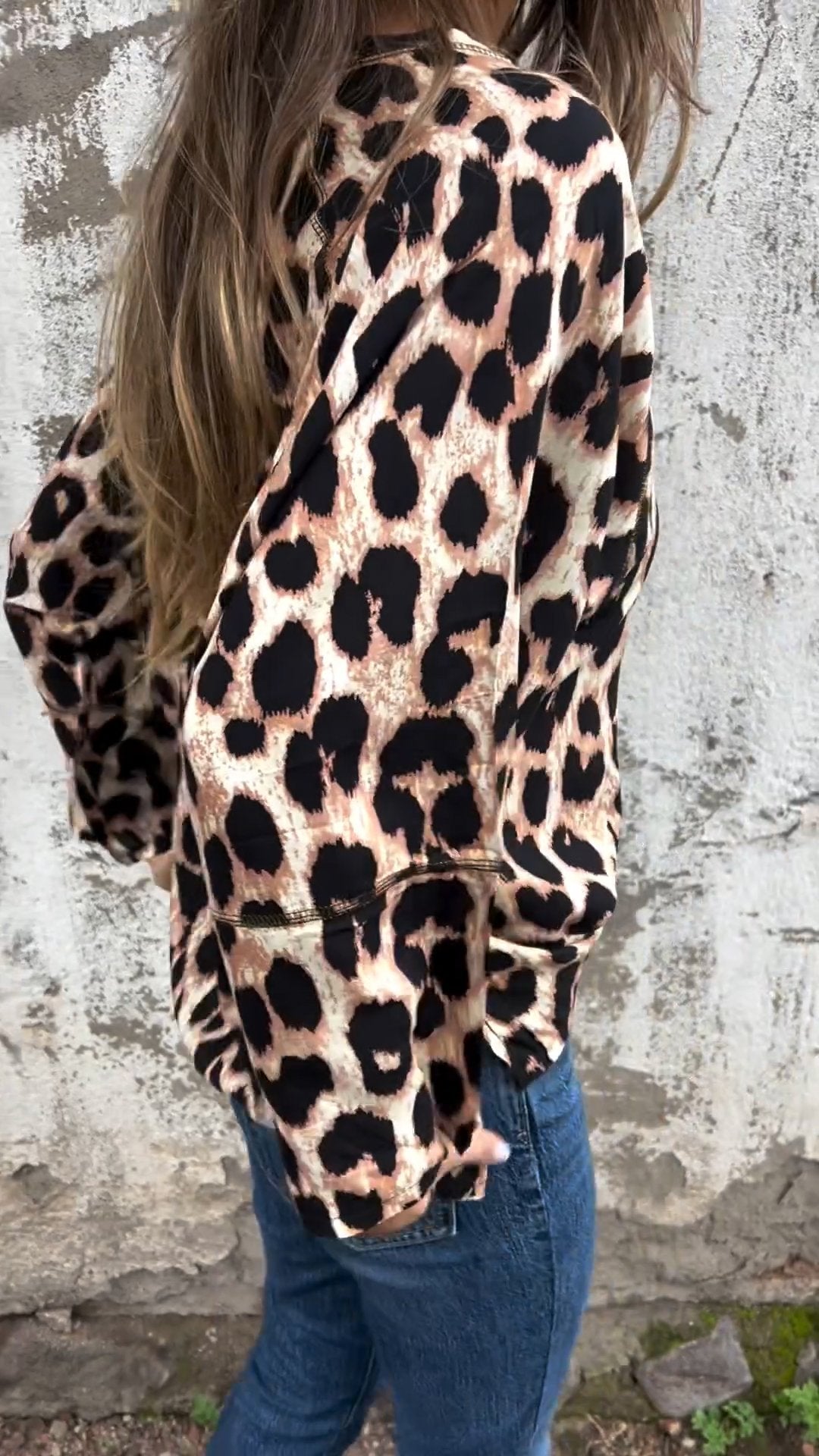 Women's V-neck Leopard Printed Long Sleeve Top