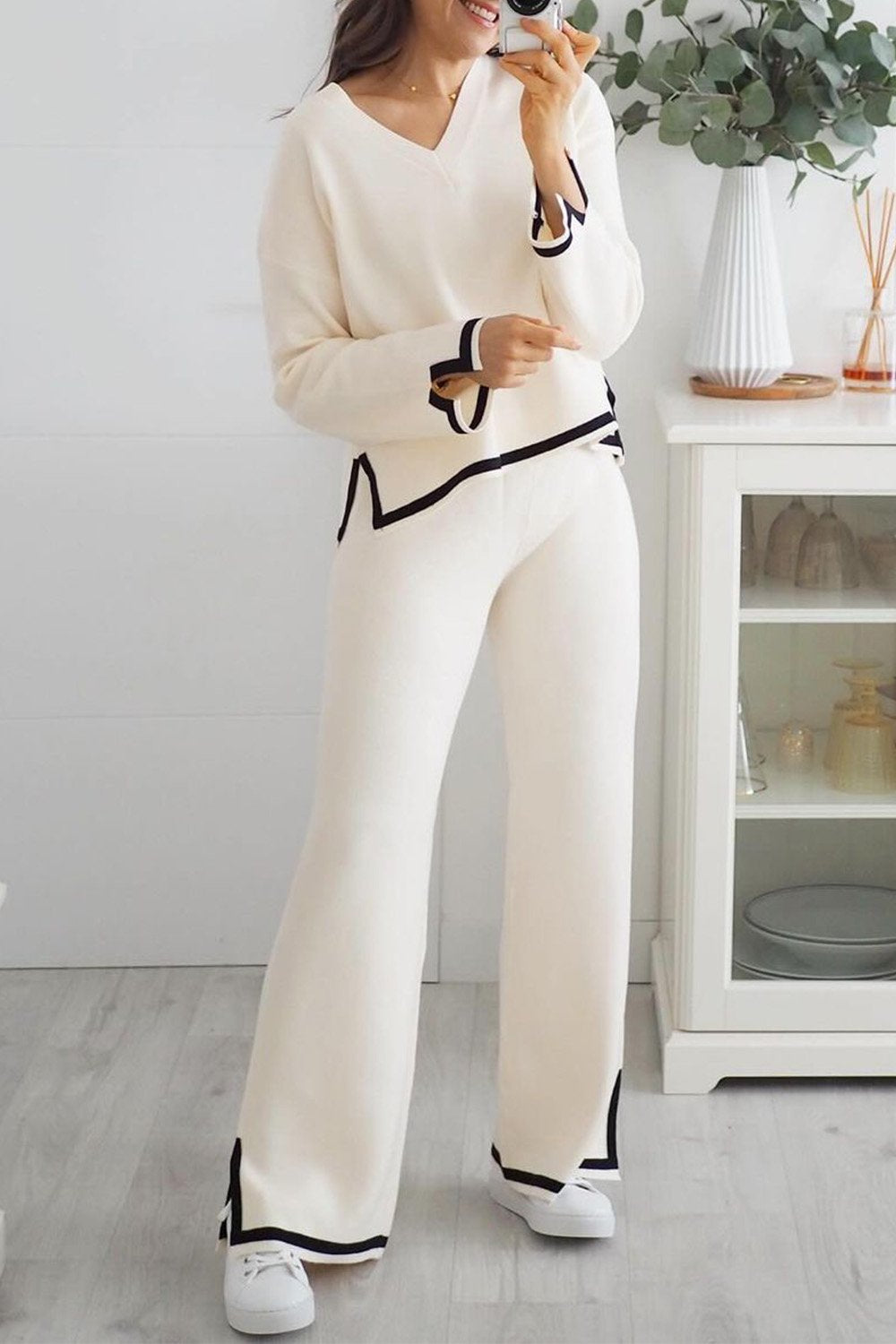 Women's Knitted Sweater Contrast Top and Pants Two-piece Set White