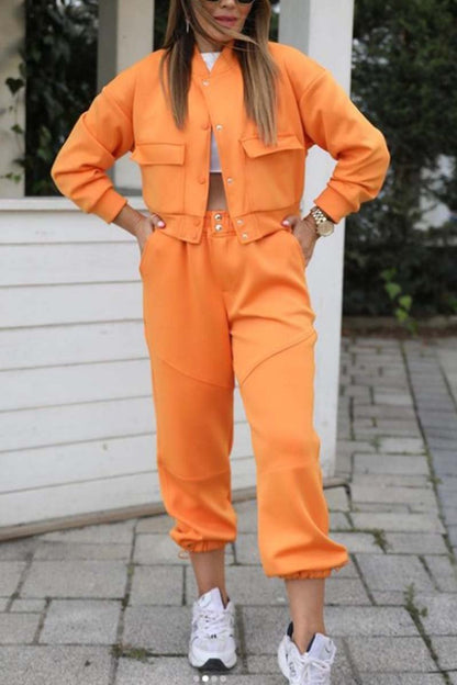 Women's Casual Two Pocket Sweatshirt and Pants Set Orange