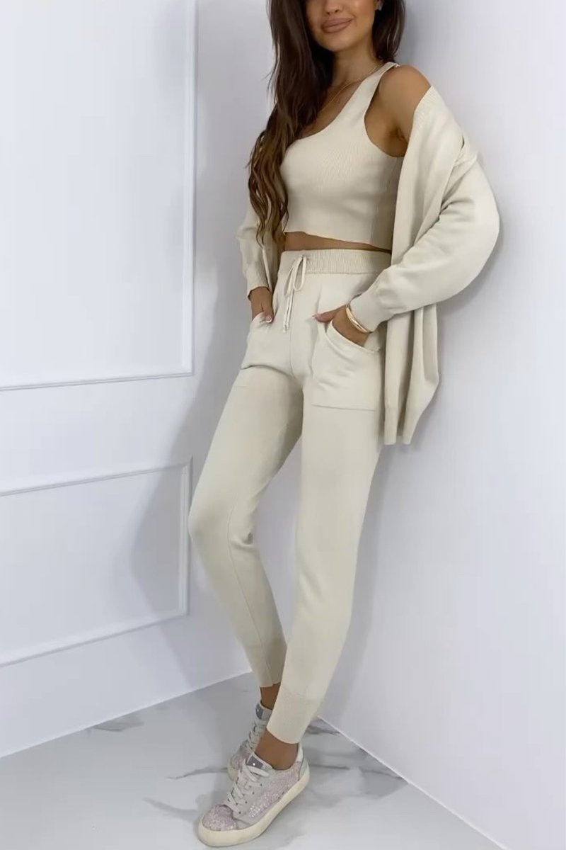 Women's Casual Square-neck Solid Color Long-sleeved Three-piece Suit apricot