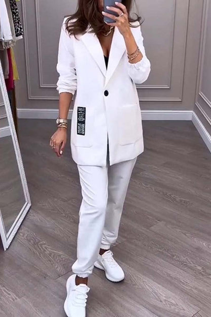 Women's Fashionable Solid Color Lapel Long Sleeve Two-piece Set White