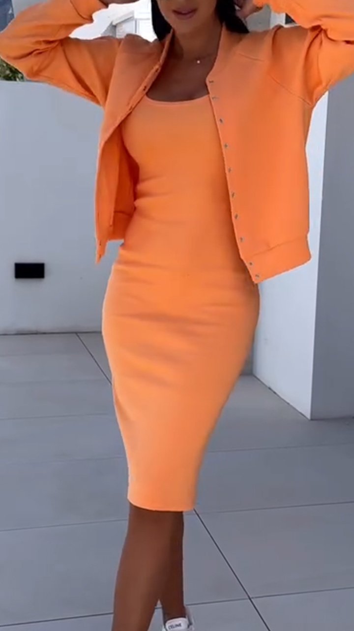 Women's Tight Dress + Cardigan Jacket Casual Suit orange