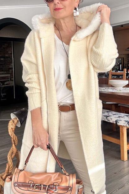 Women's casual loose fur collar knitted mid-length coat Apricot