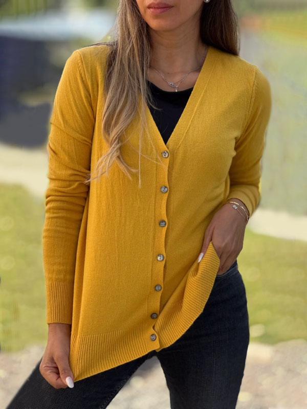 Women's Solid Color Buttoned V-neck Sweater Top Yellow