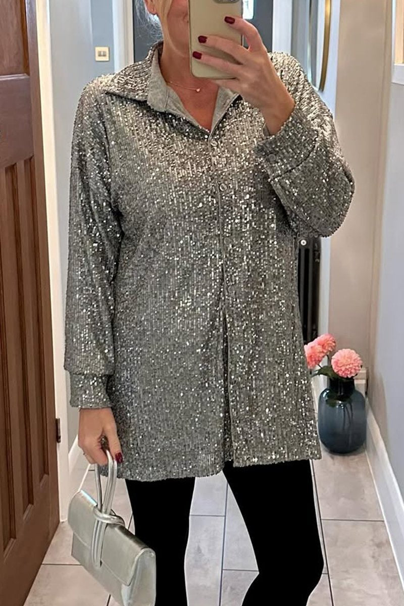 Women's Lapel Single Breasted Sequin Party Shirt silver