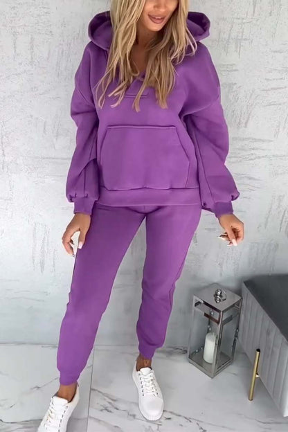 Women's Casual Solid Color Hooded Sports Suit Purple