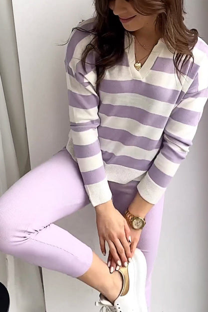 Women's V-neck Striped Top and Pants Two-piece Set