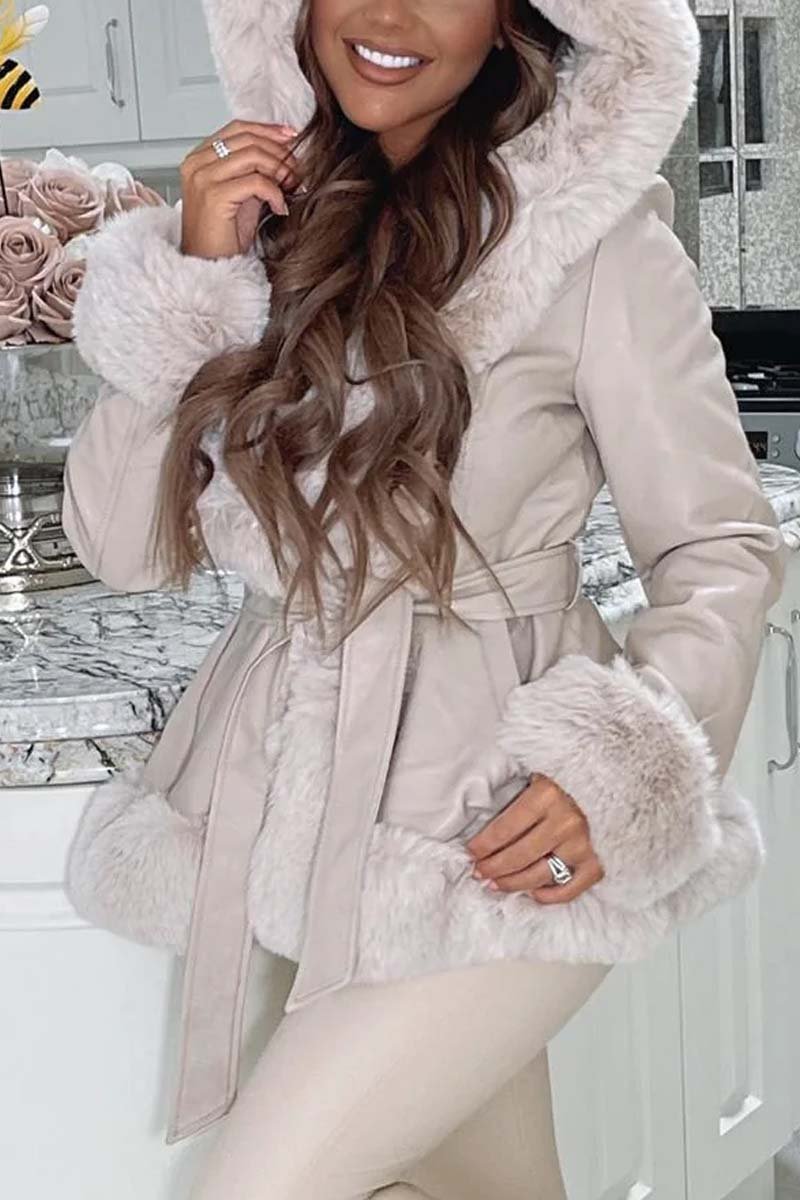 Women's fashionable hooded fur patchwork leather jacket