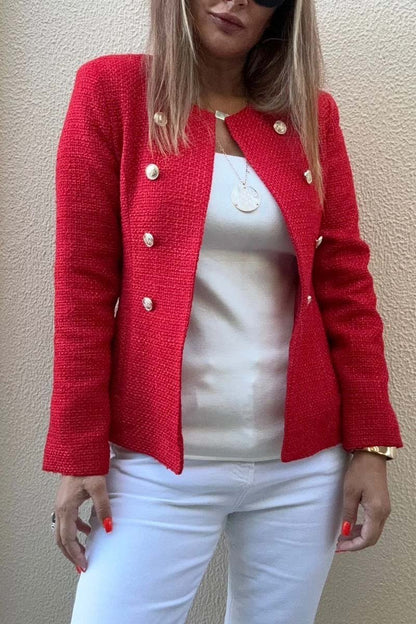 Women's Fashion Double Breasted Crew Neck Jacket Red