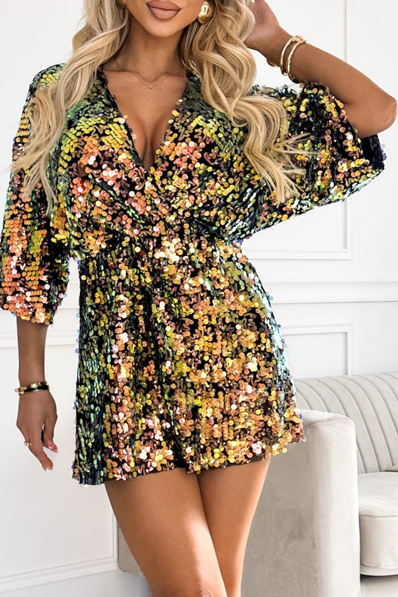 Women's Sequin V-neck Mid-long Sleeve Party Mini Dress