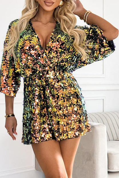 Women's Sequin V-neck Mid-long Sleeve Party Mini Dress