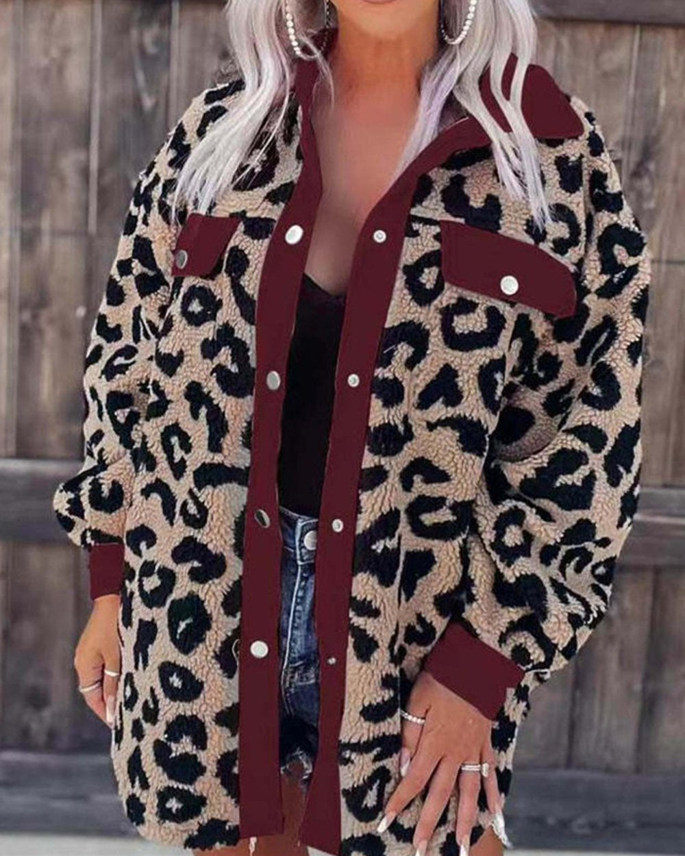 Women's Leopard Print Fur Coat Claret