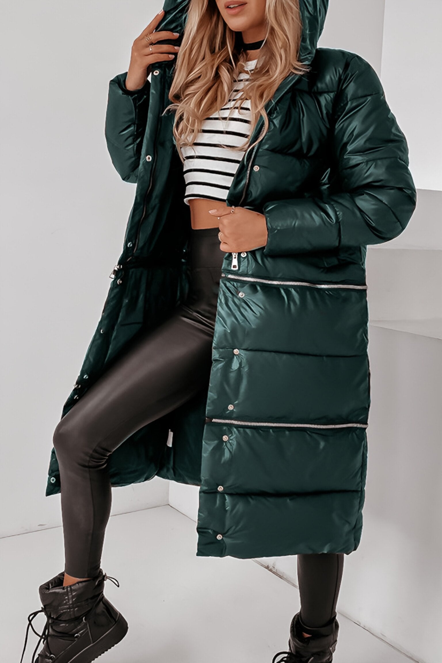 Women's Hooded Zippered Detachable Long and Short Autumn and Winter Cotton Coat green