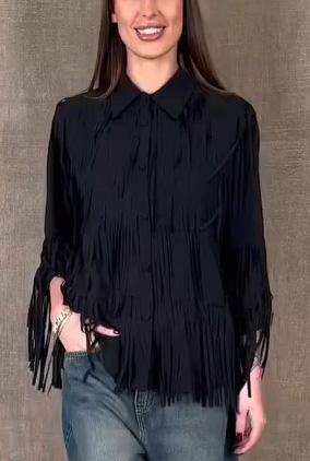 women's casual fringed shirt black