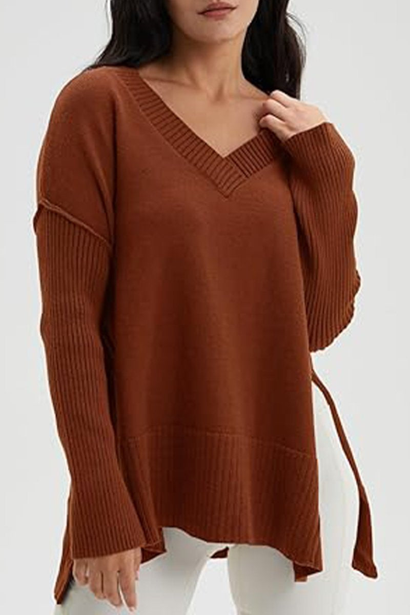 Women's V-neck Slit Knit Blouse brown