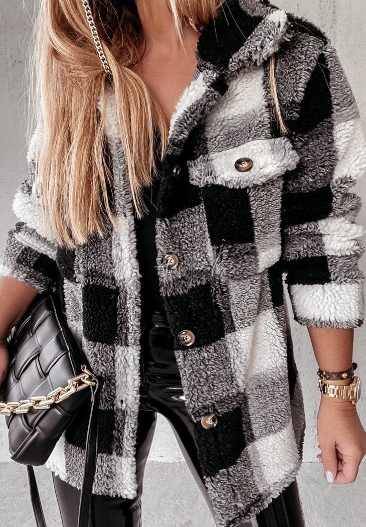 Long Sleeve Double Pocket Plaid Fur Coat black plaid