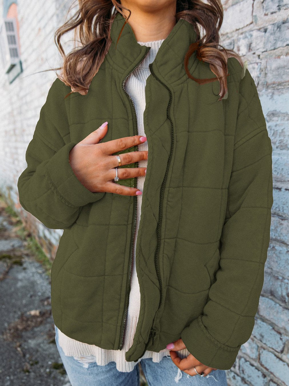 Women's Loose Solid Color Stand Collar Jacket Green