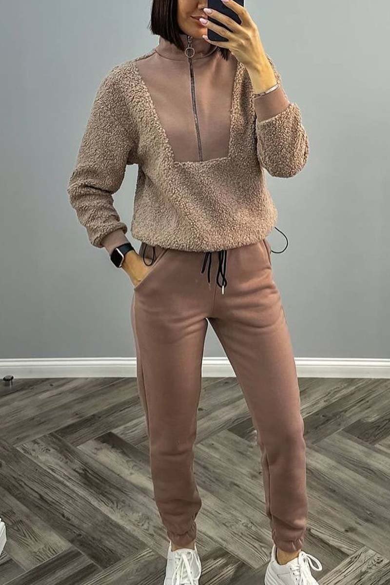 Women's casual sports stand collar sweatshirt suit Brown