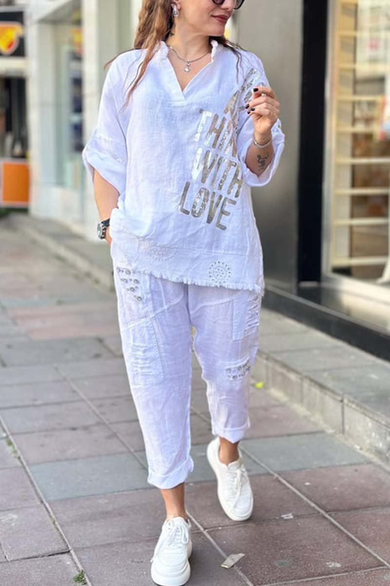 Women's casual letter printed cotton and linen top + pants set White