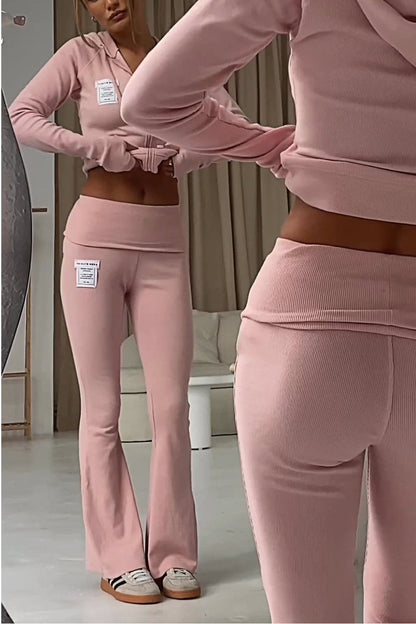 Women's Solid Color Zipper Top and Pants Two-piece Set