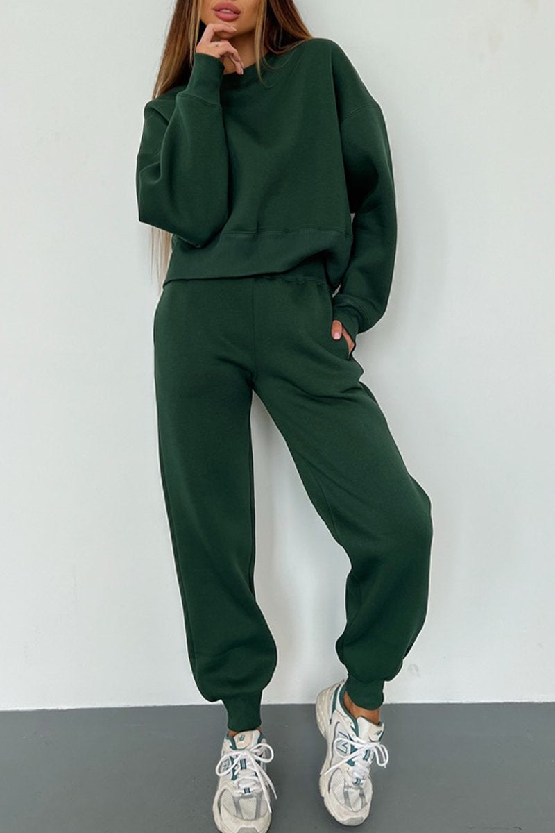 Women's Round Neck Long Sleeve Sweatshirt Two Piece Set green