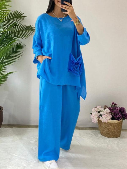 Women's Round Neck Long Sleeve Casual Cut Pocket Design Suit blue