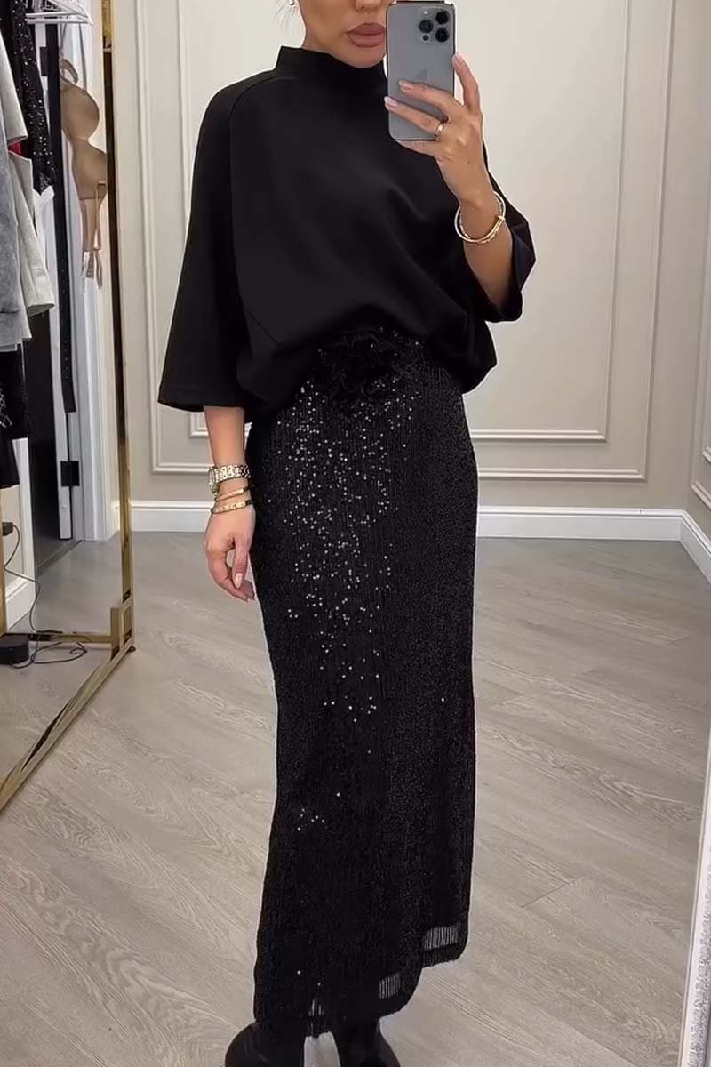 Women's Casual Solid Color Top and Sequined Skirt Set Black