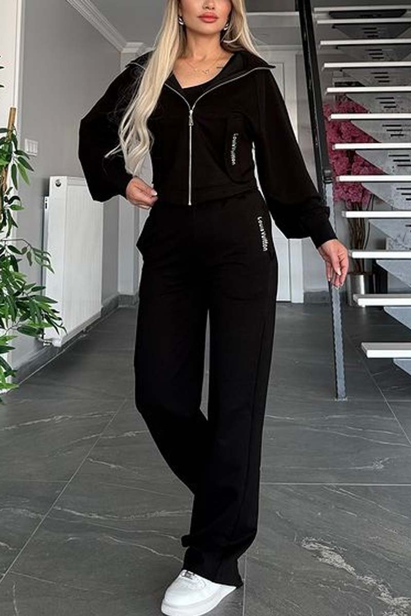 Women's Casual Hooded Solid Color Sports Suit Black