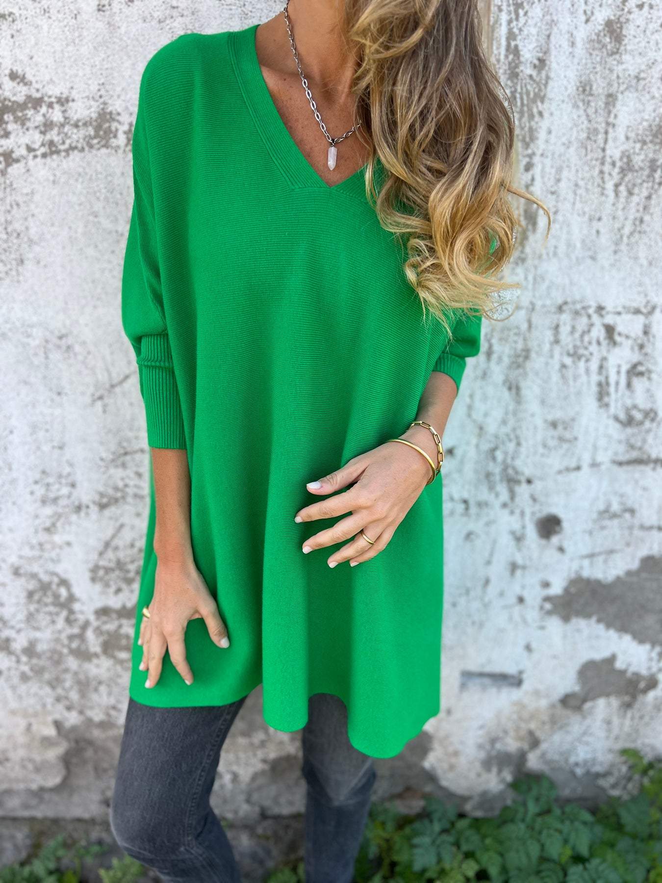 Women's V-neck Long-sleeved Knitted Casual Top green