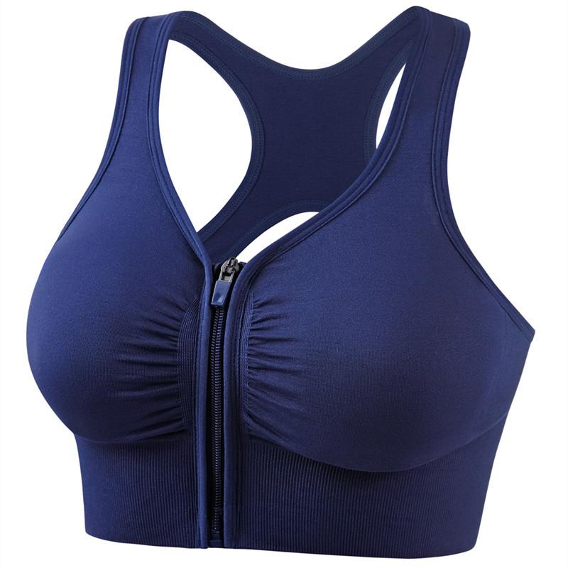 Women's Sports Bra Hollow Back Zipper Front Sports Bra Navy blue