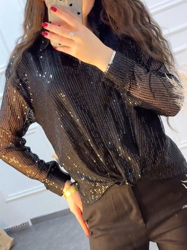 Women's Solid Color Sequined Shirt black