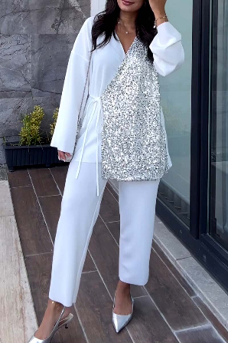 Women's sequin patchwork lace-up suit