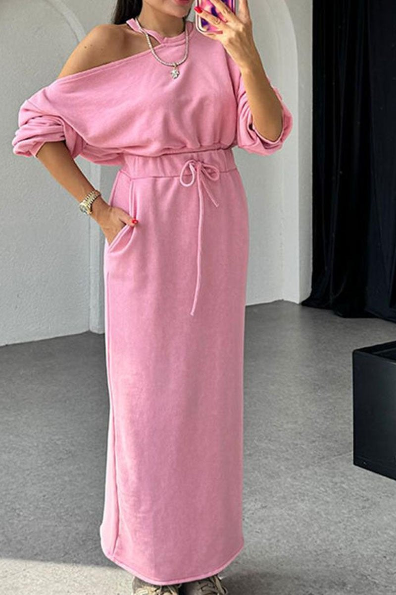 Women's Casual Solid Color Off-shoulder Dress Two-piece Set pink