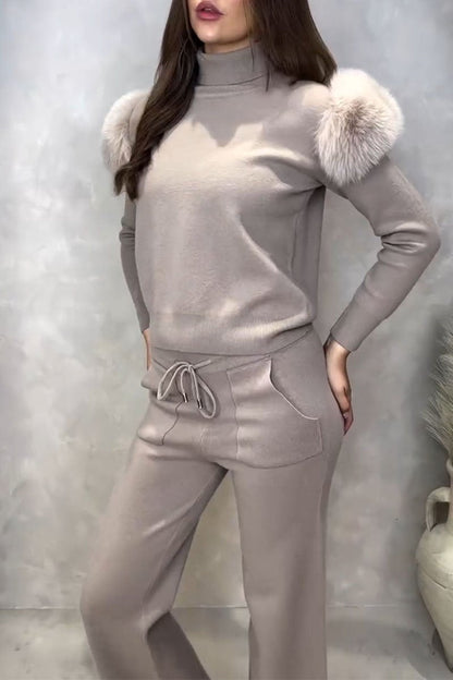 Casual Solid Color Knitted Long-sleeved Two-piece Set