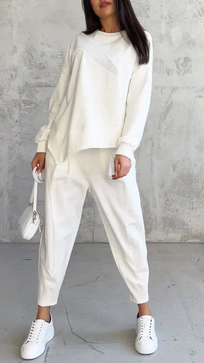 Casual Round Neck Long Sleeve Two Piece Suit off-white