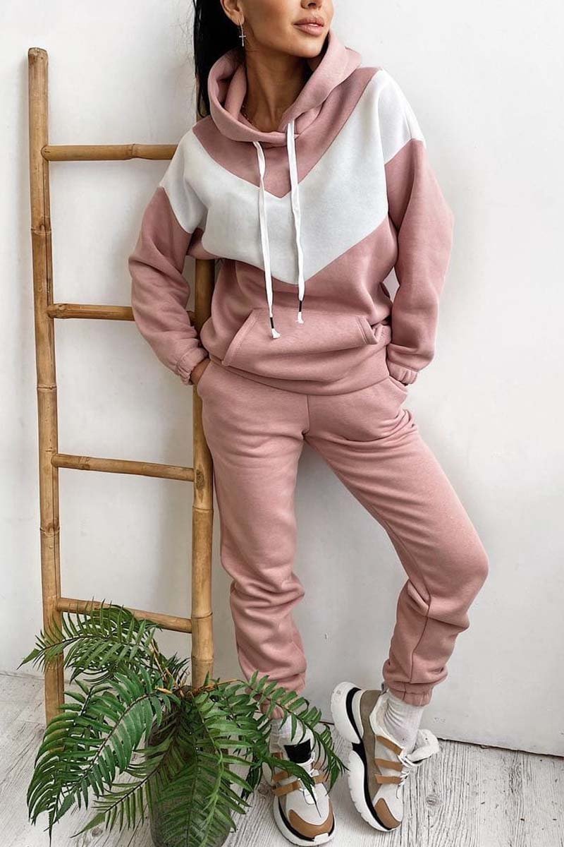 Women's Athleisure Contrast Color Sweatshirt Hooded Suit Pink